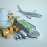 3D  rendering of the Earth surrounded by cardboard boxes, a cargo container ship, a flying plain, a car, a van and a truck