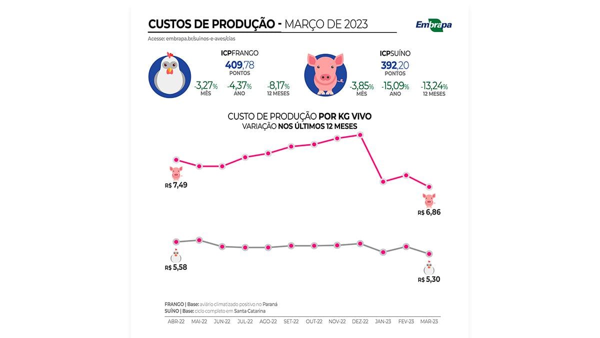 Custo de produção de suínos e frangos de corte recua em março Custo de produção de suínos e frangos de corte recua em março