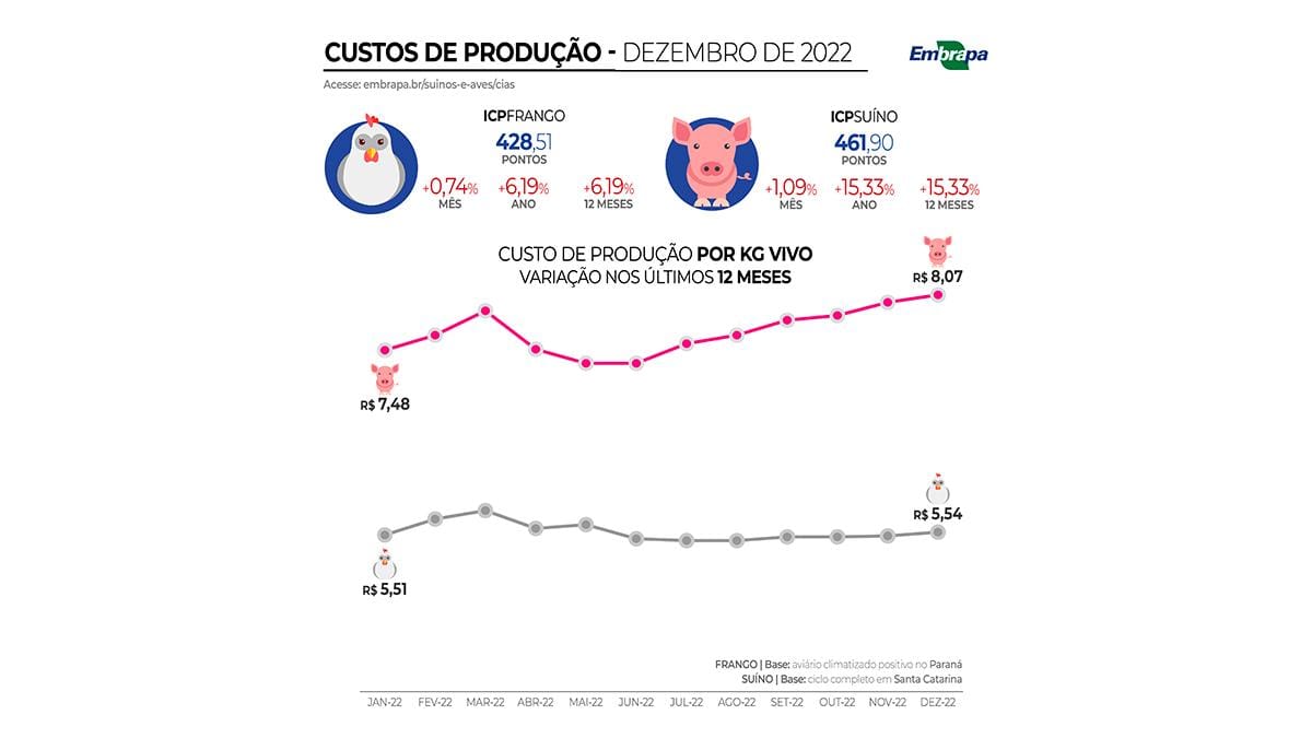 Custo de produção de suínos encerra 2022 ultrapassando os R$ 8 por quilo vivo Custo de produção de suínos encerra 2022 ultrapassando os R$ 8 por quilo vivo