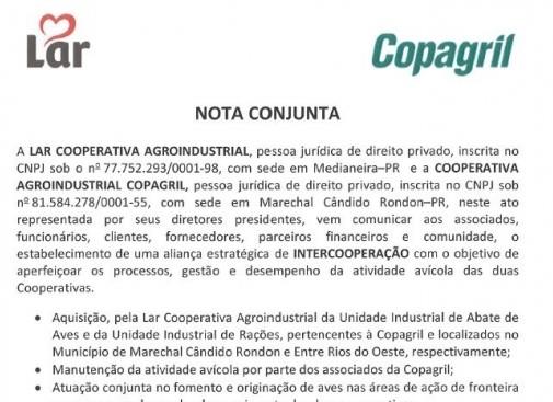 Lar adquire frigorífico de aves e fábrica de ração da Copagril