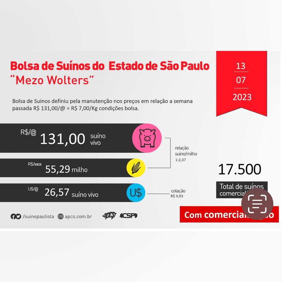 Bolsa de suínos de São Paulo opta pela manutenção dos preços Bolsa de suínos de São Paulo opta pela manutenção dos preços
