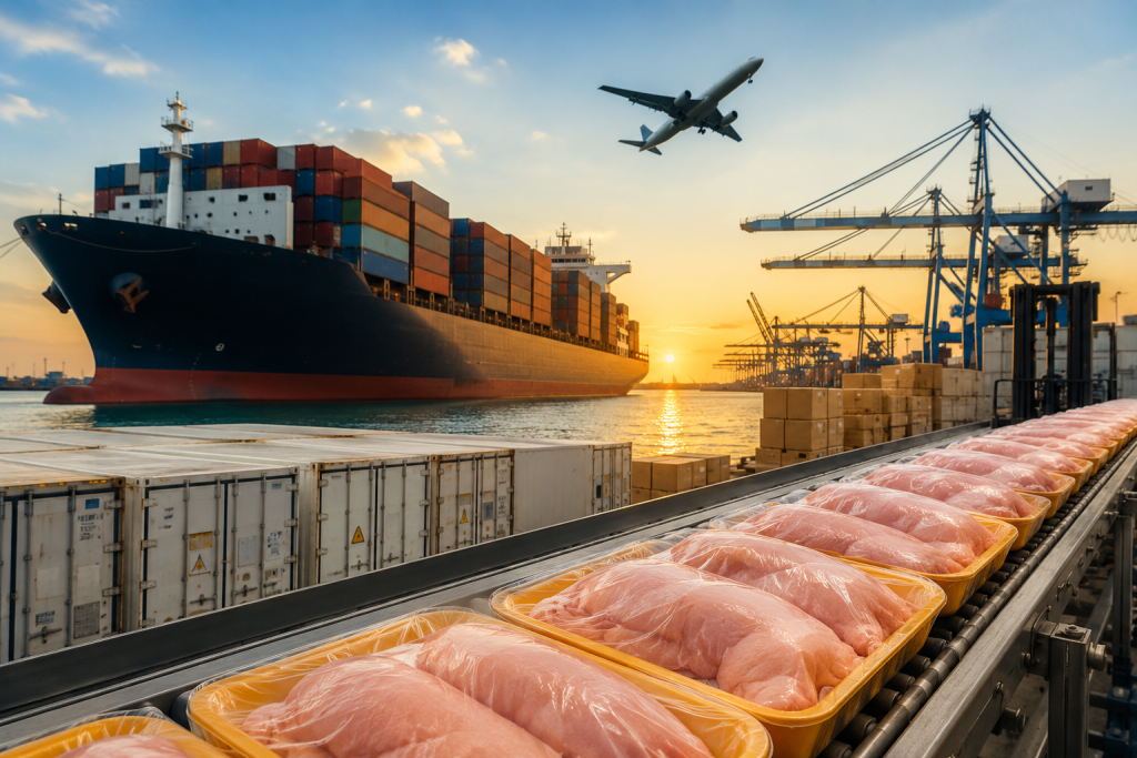 Exportações de frango somam 1,94 milhão de toneladas e batem recorde no primeiro quadrimestre de 2026