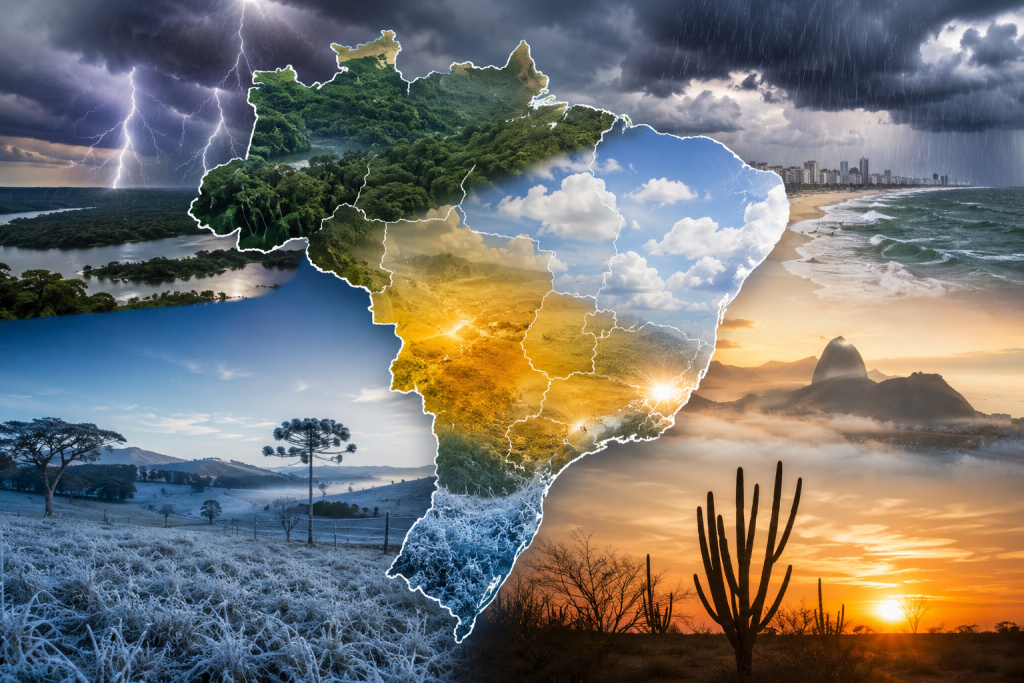 Frente fria mantém contraste entre frio no Sul e chuva forte no Norte e Nordeste
