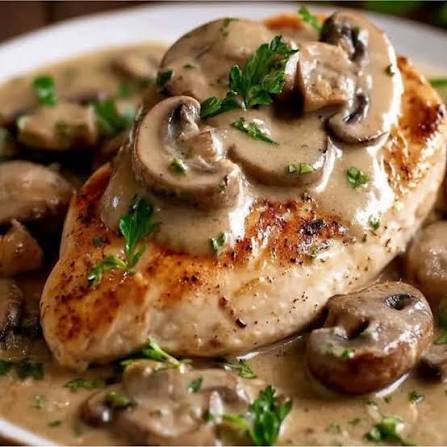 Filé de frango com molho cremoso de cogumelos